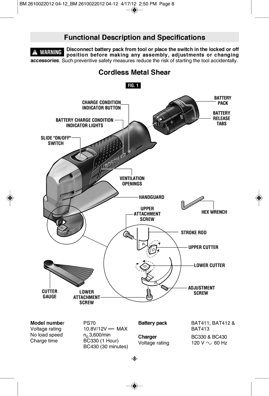 Bosch Power Tools PS70-2A, PS70B manual Functional Description and Specifications, Cordless Metal Shear 