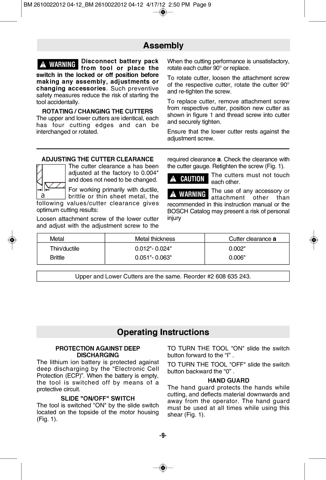 Bosch Power Tools PS70B manual Assembly, Operating Instructions, Protection Against Deep Discharging, Slide ON/OFF Switch 