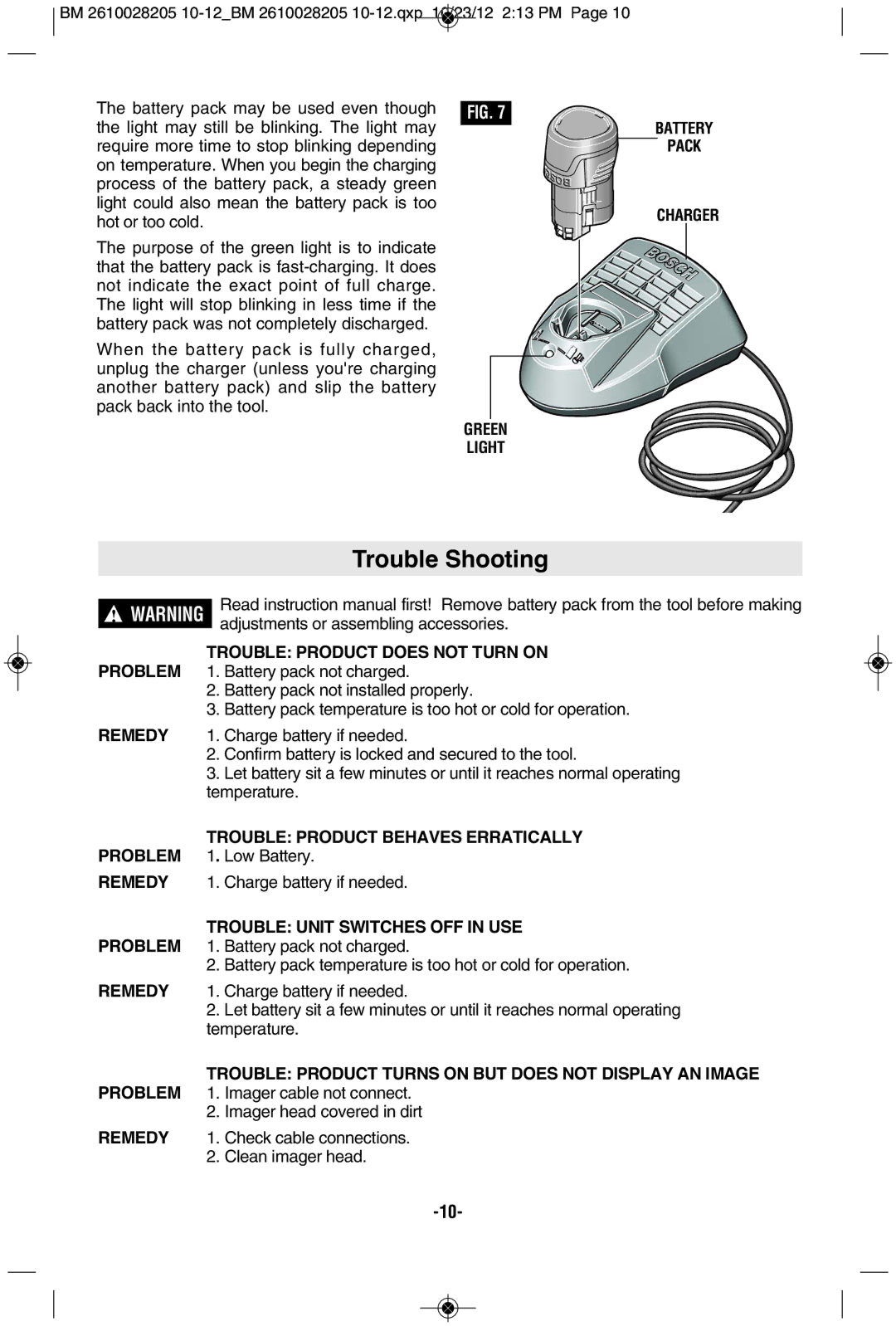 Bosch Power Tools PS90-1A manual Trouble Shooting, Green Light Battery Pack Charger, Trouble Product does not Turn on 