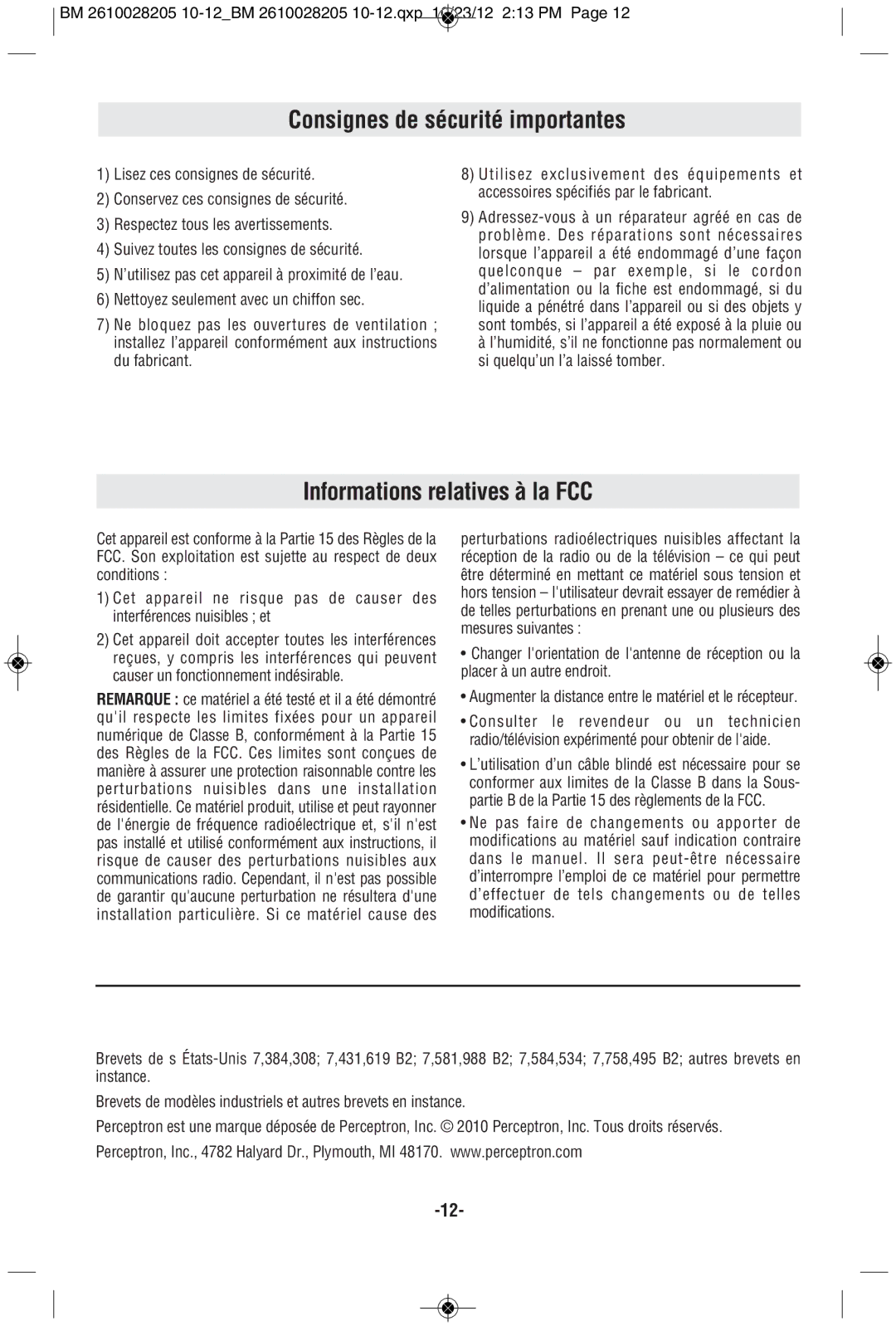 Bosch Power Tools PS90-1A manual Consignes de sécurité importantes, Informations relatives à la FCC 