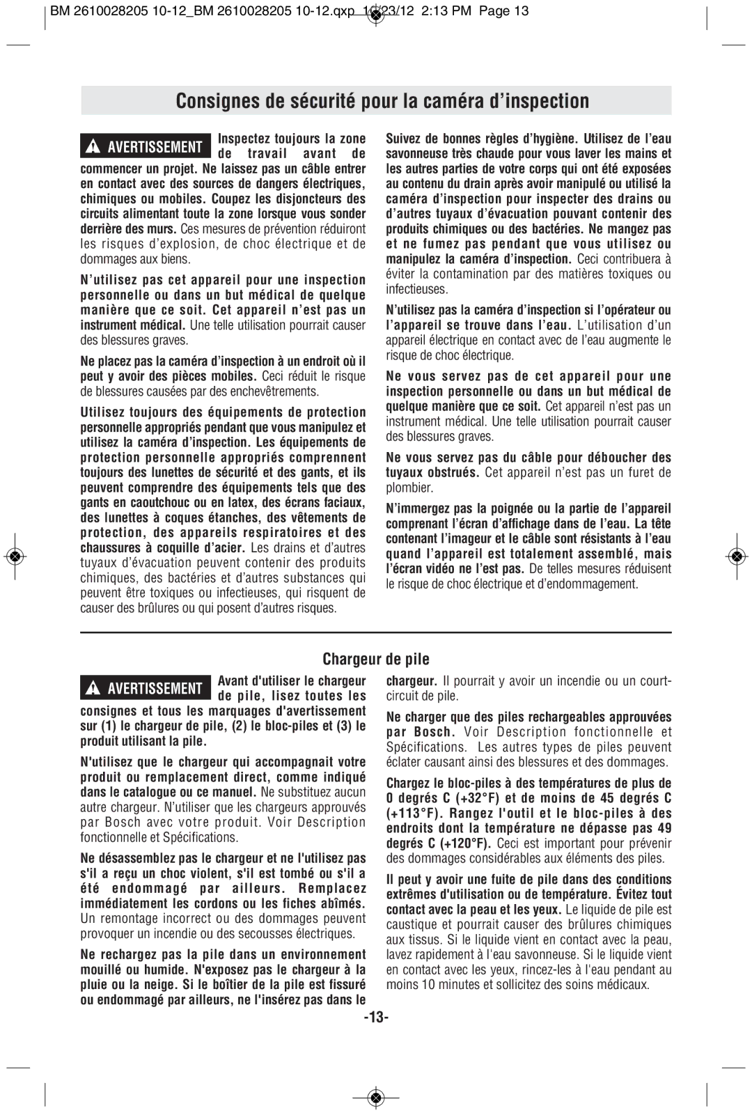 Bosch Power Tools PS90-1A manual Consignes de sécurité pour la caméra d’inspection, Chargeur de pile 