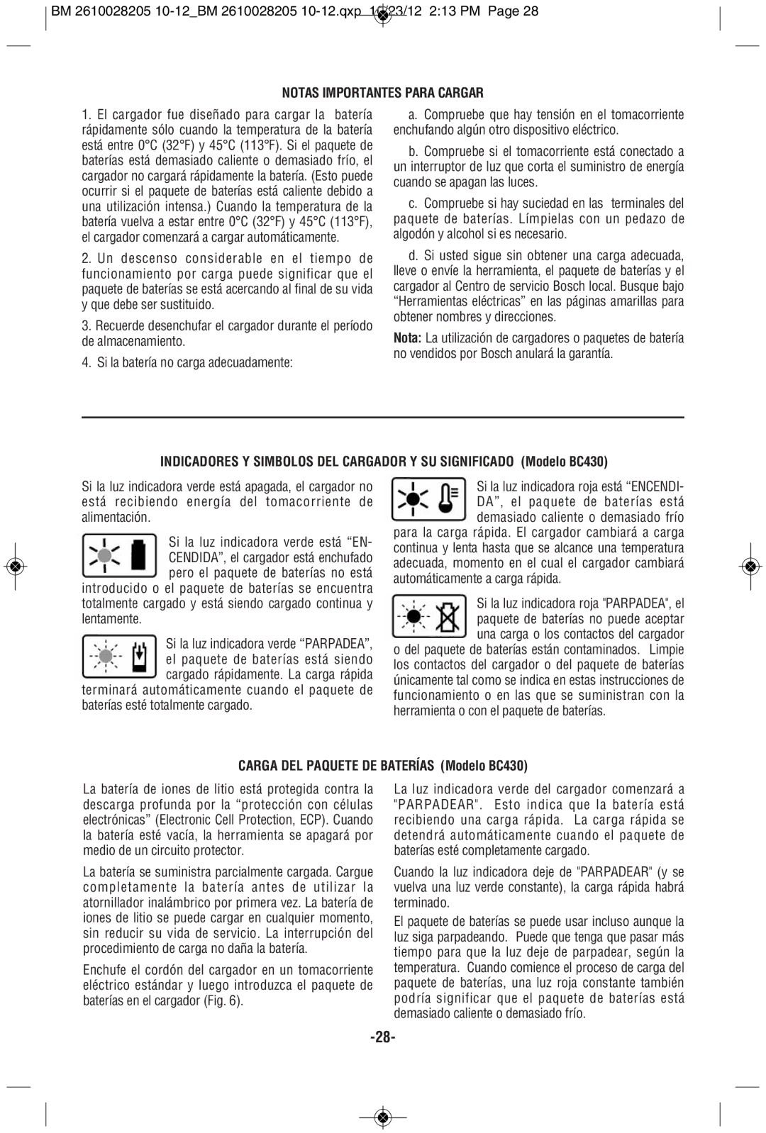 Bosch Power Tools PS90-1A manual Notas Importantes Para Cargar, Carga DEL Paquete DE Baterías Modelo BC430 