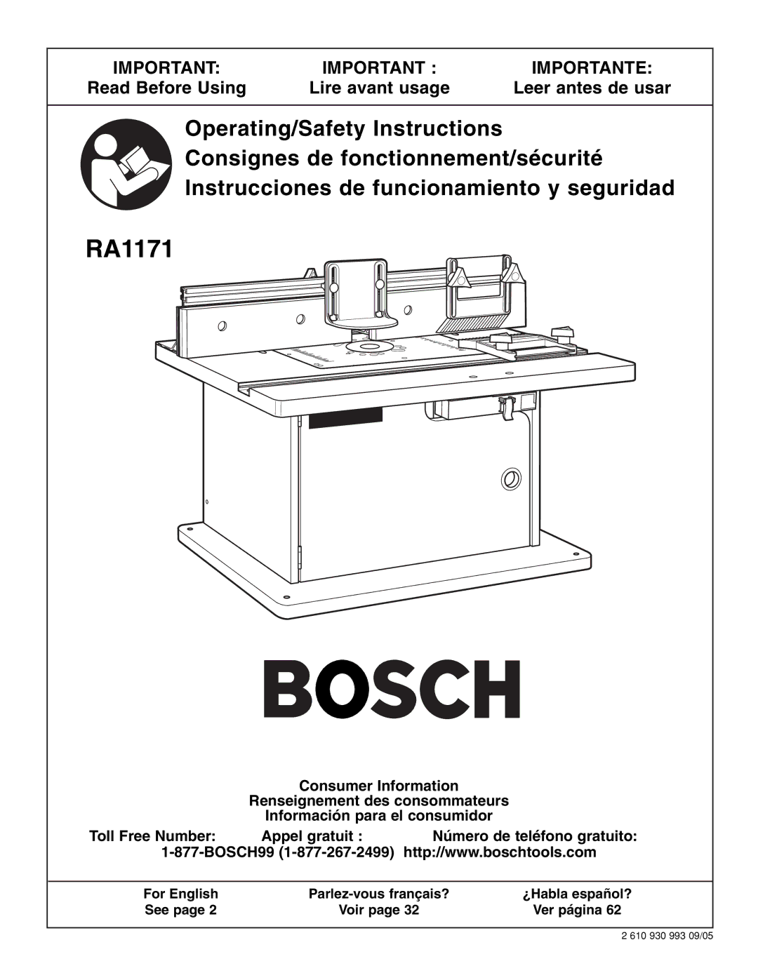 Bosch Power Tools RA1171 manual Read Before Using, For English, ¿Habla español?, See, Ver página 