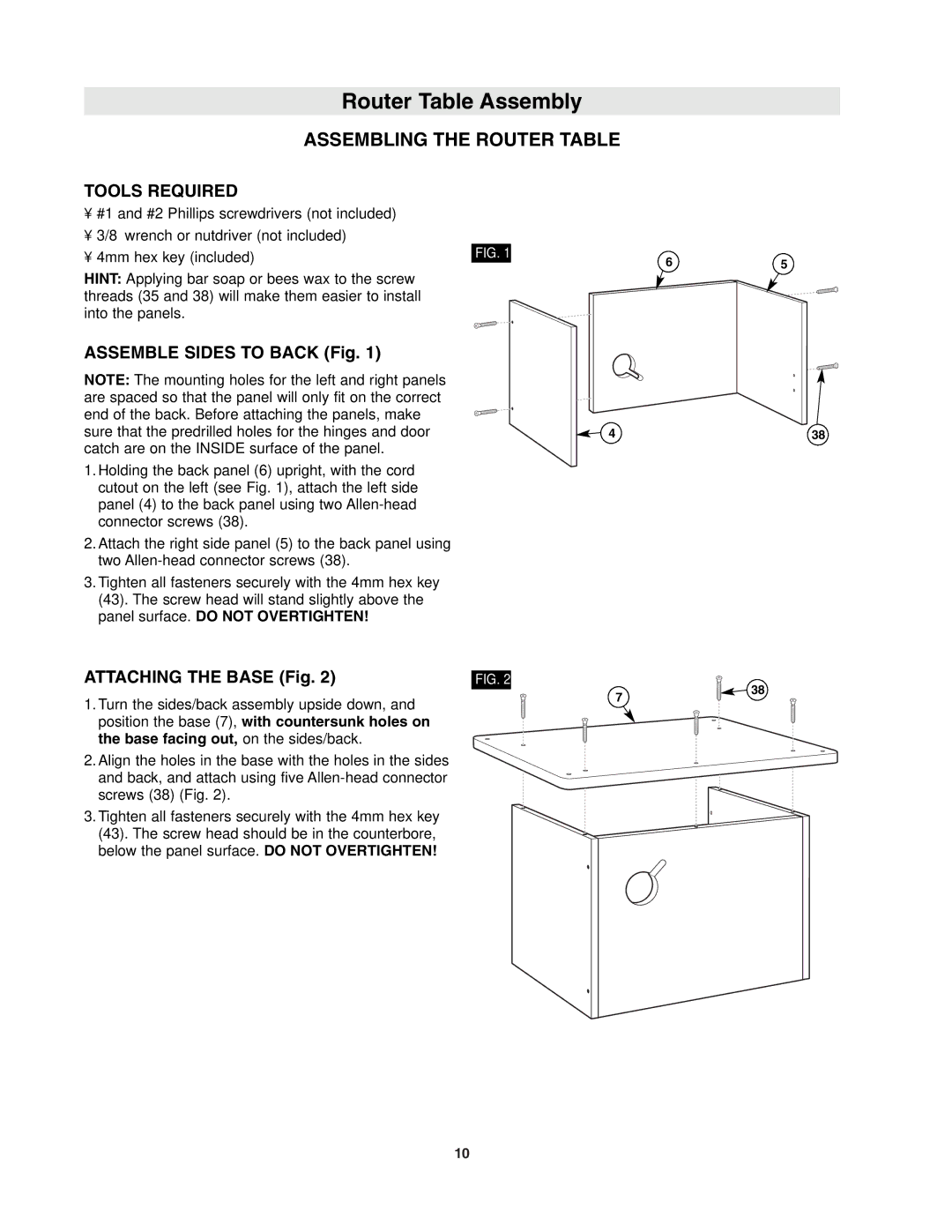 Bosch Power Tools RA1171 Router Table Assembly, Assembling the Router Table, Tools Required, Assemble Sides to Back Fig 