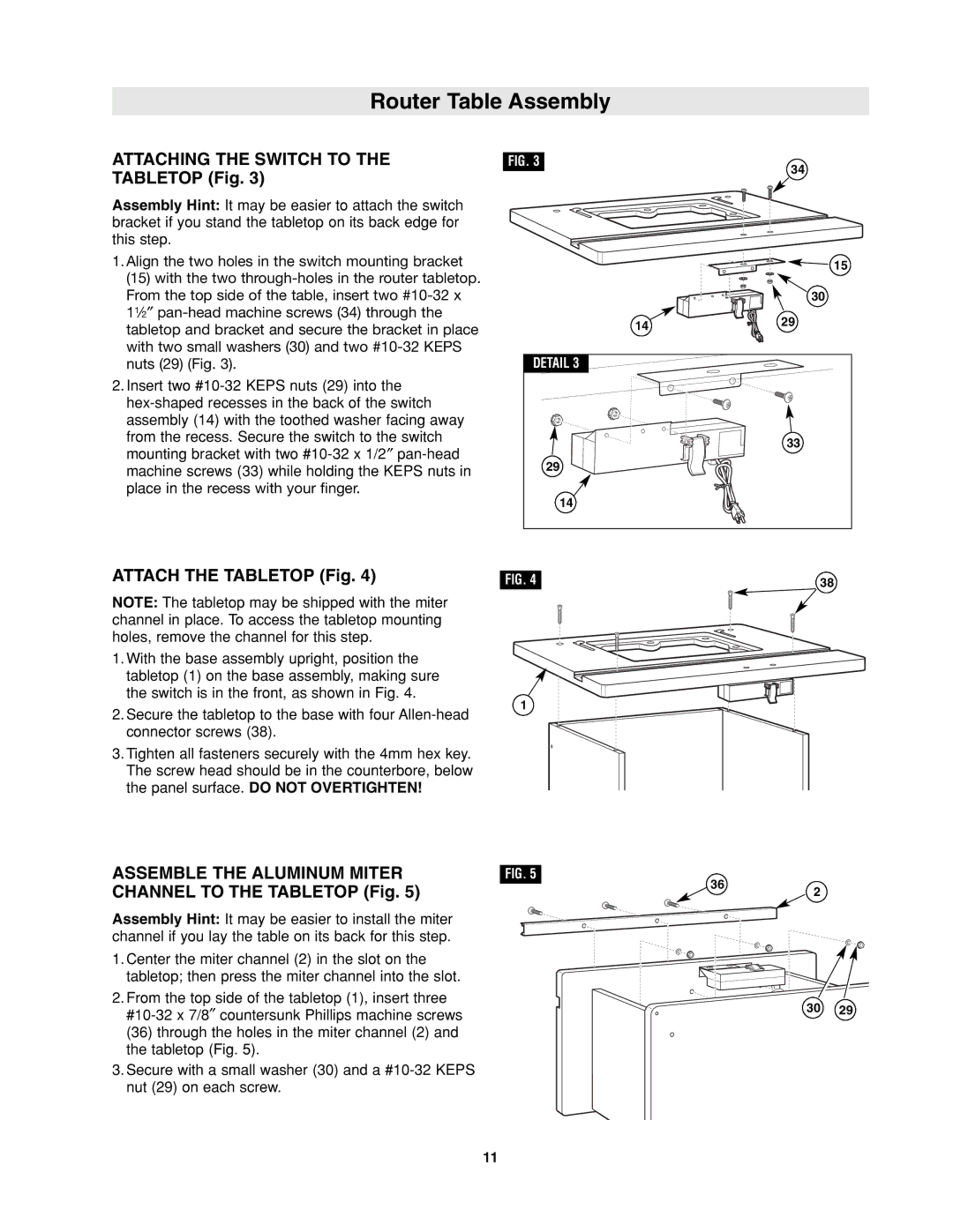 Bosch Power Tools RA1171 Attaching the Switch to the Tabletop Fig, Attach the Tabletop Fig, Assemble the Aluminum Miter 