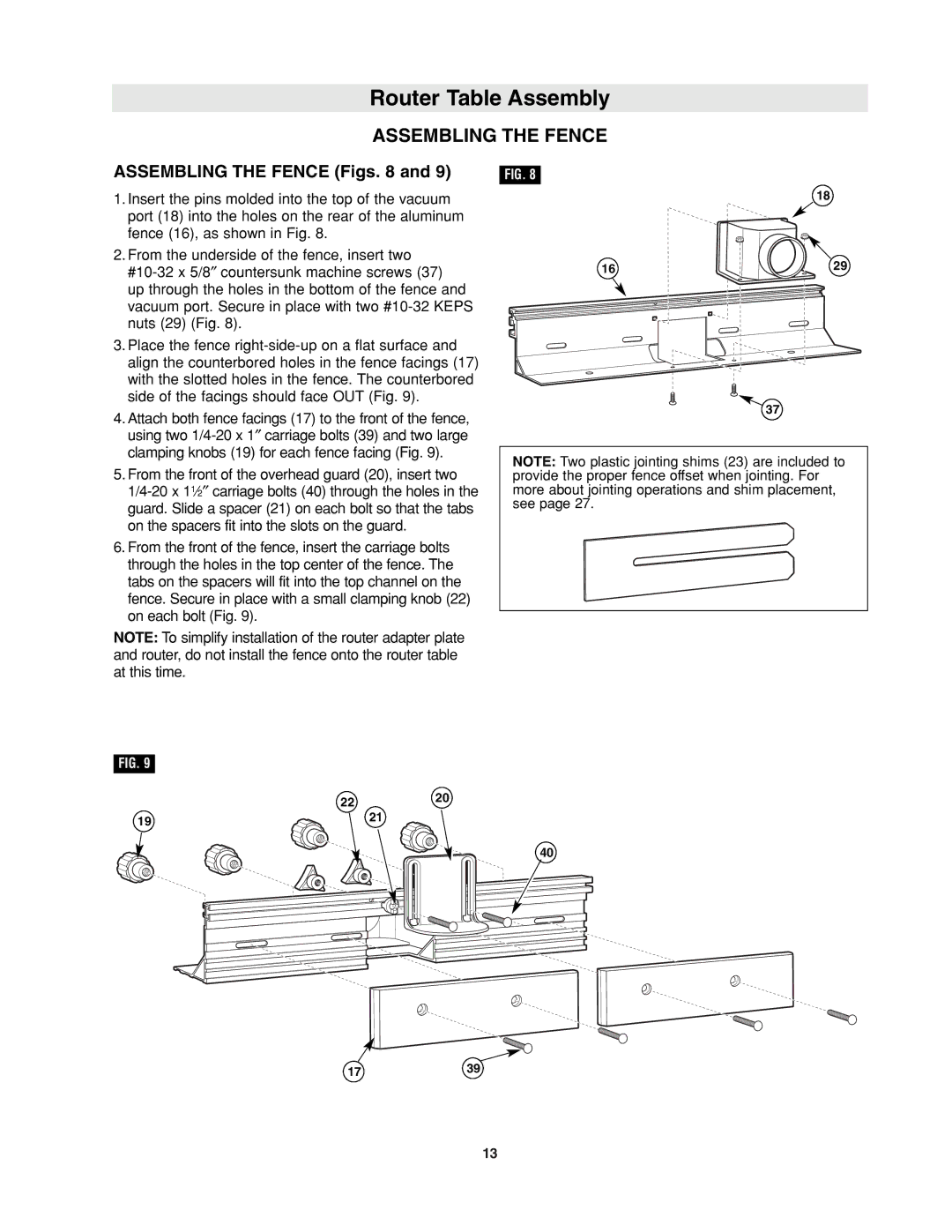 Bosch Power Tools RA1171 manual Assembling the Fence Figs 