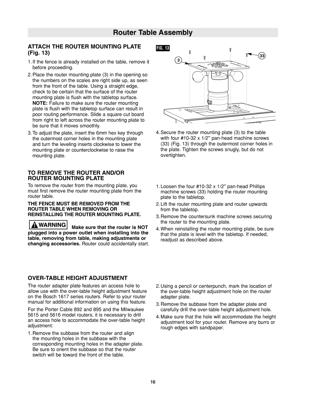 Bosch Power Tools RA1171 manual Attach the Router Mounting Plate Fig, OVER-TABLE Height Adjustment 