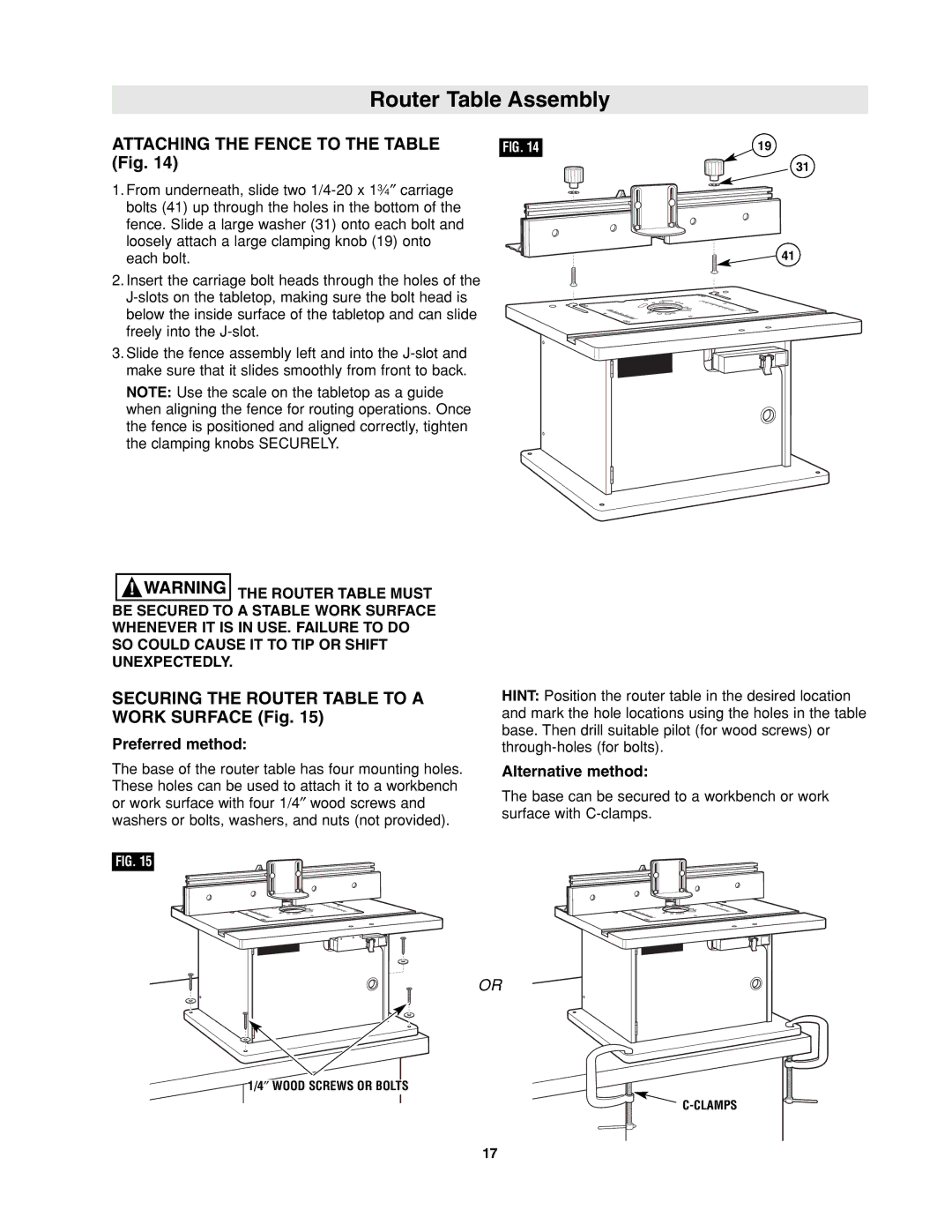 Bosch Power Tools RA1171 manual Attaching the Fence to the Table Fig, Securing the Router Table to a Work Surface Fig 