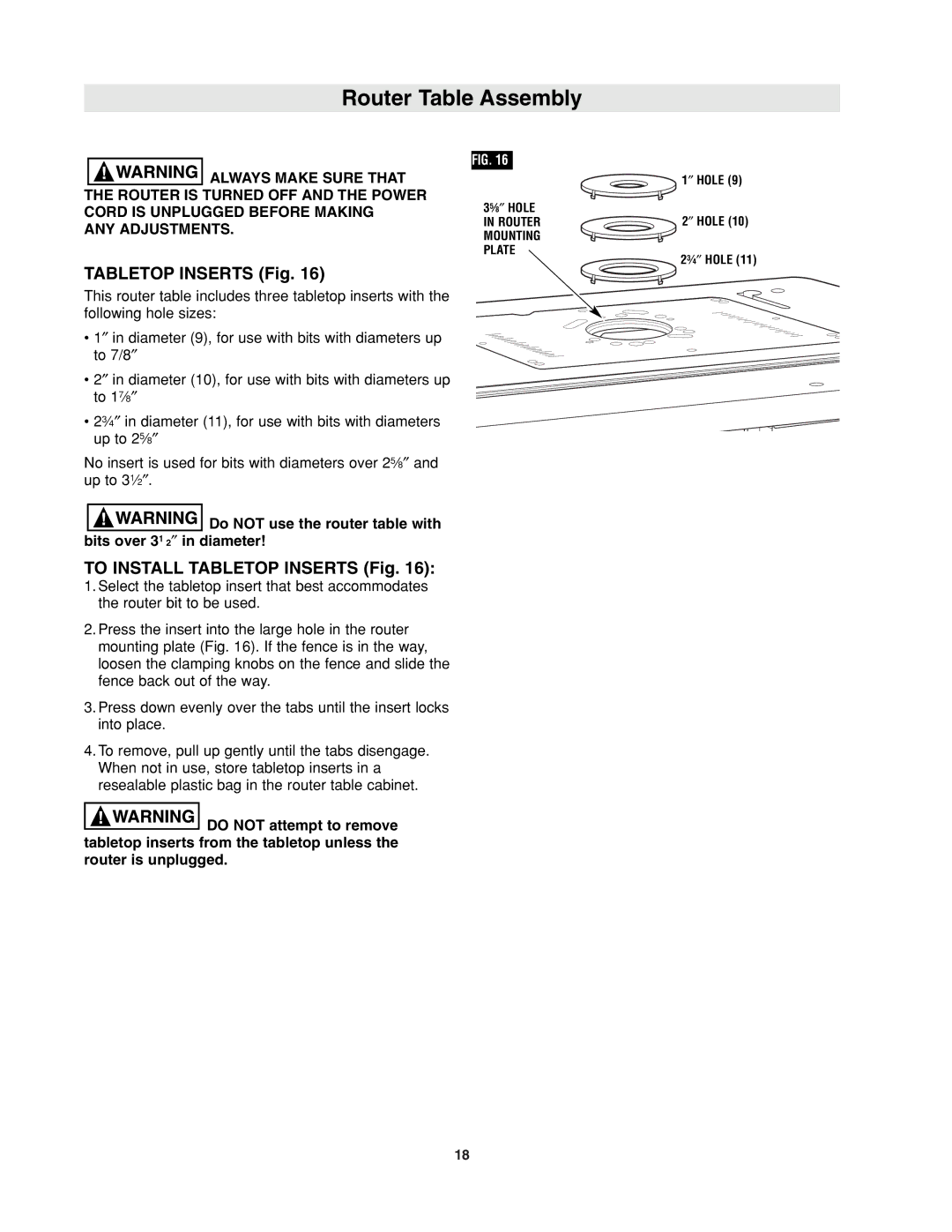 Bosch Power Tools RA1171 manual To Install Tabletop Inserts Fig 