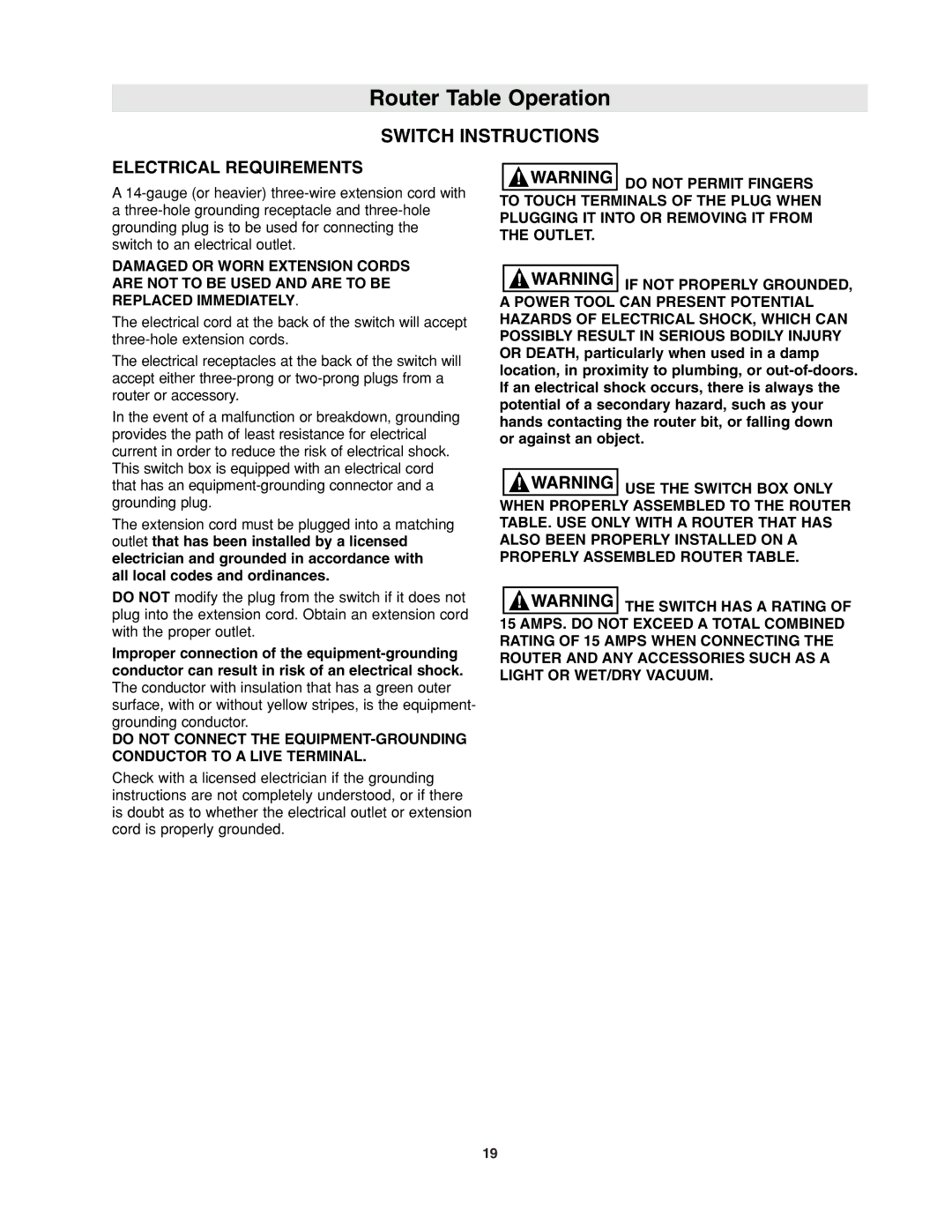 Bosch Power Tools RA1171 manual Router Table Operation, Switch Instructions, Electrical Requirements 