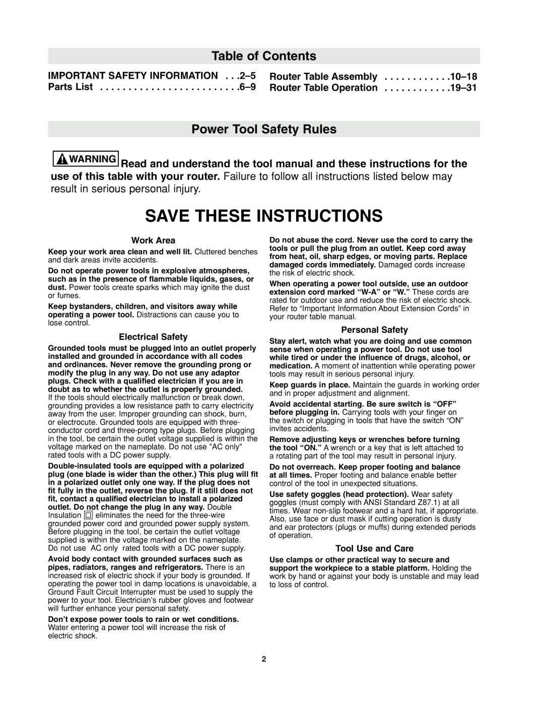 Bosch Power Tools RA1171 manual Table of Contents, Power Tool Safety Rules 