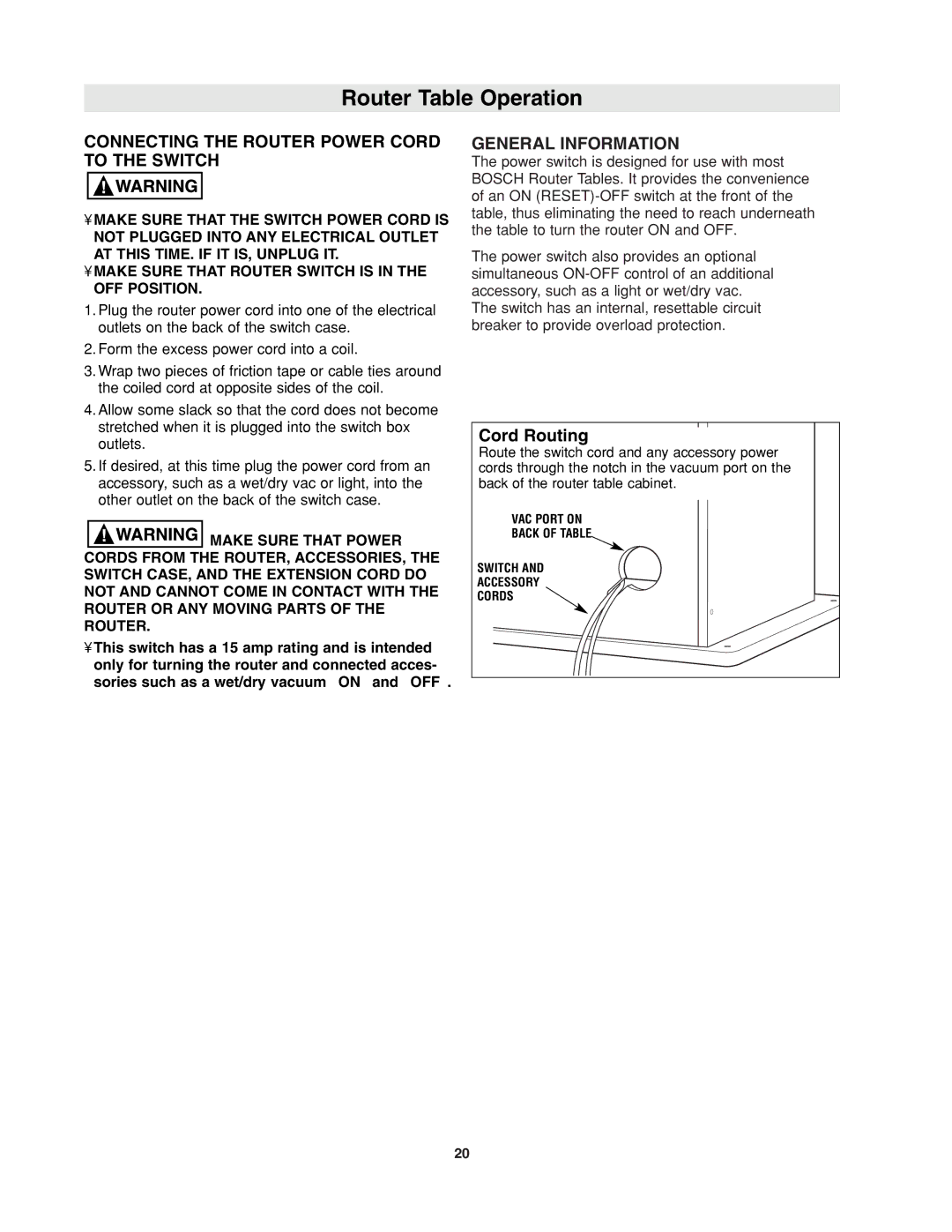 Bosch Power Tools RA1171 manual Connecting the Router Power Cord to the Switch, General Information, Cord Routing 