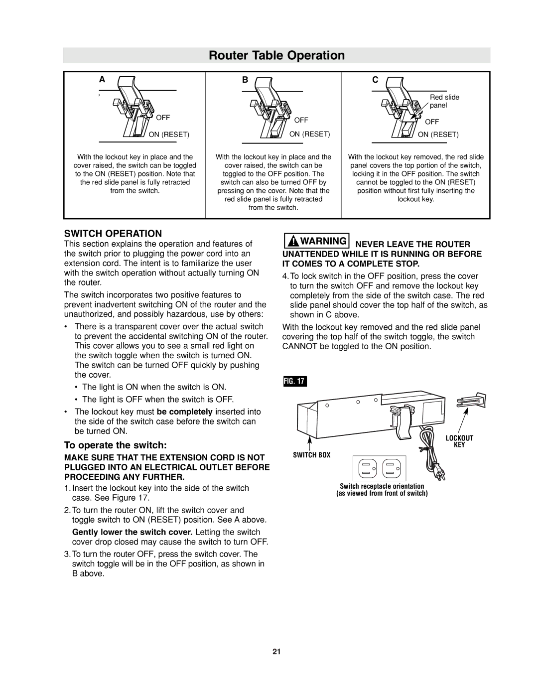 Bosch Power Tools RA1171 manual Switch Operation, To operate the switch 