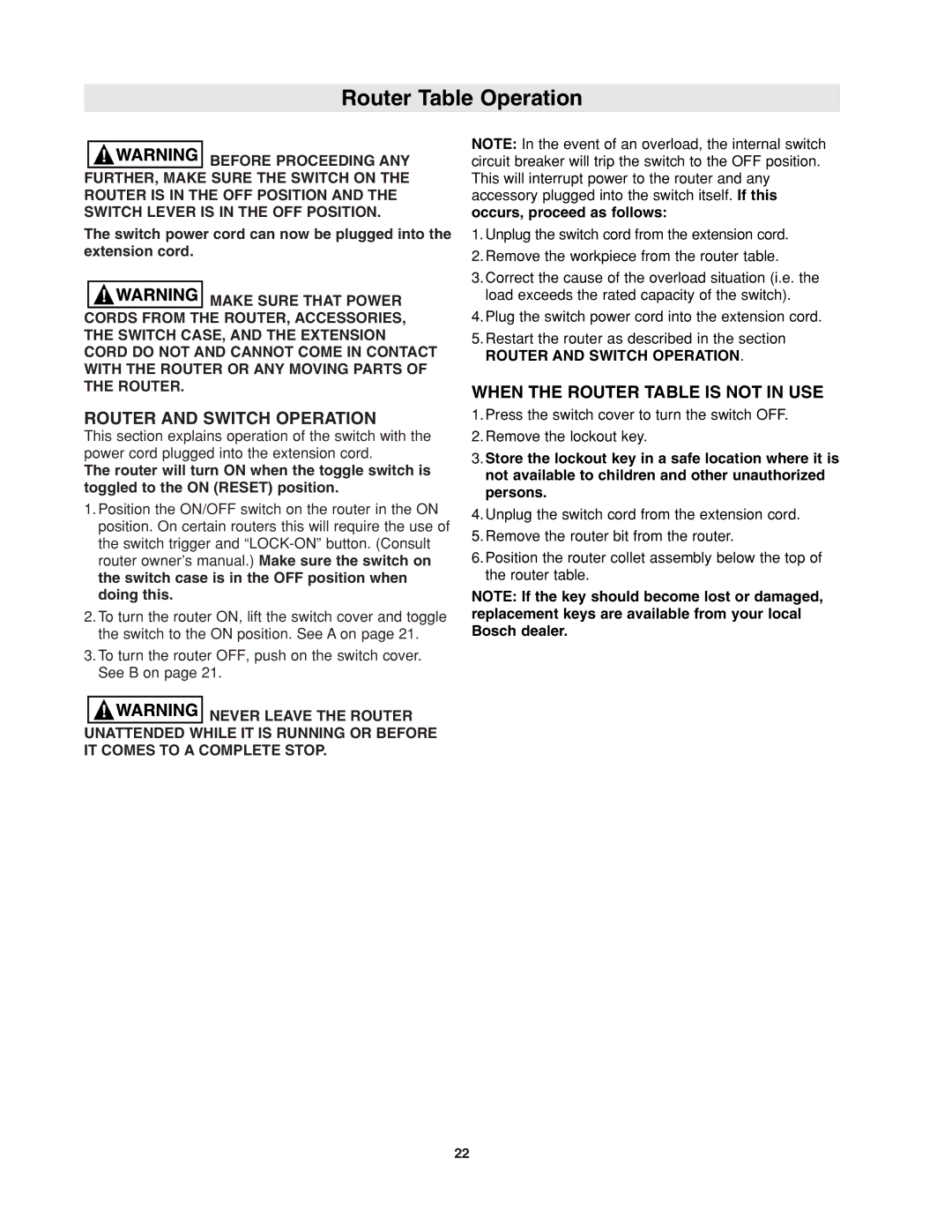 Bosch Power Tools RA1171 manual Router and Switch Operation, When the Router Table is not in USE 