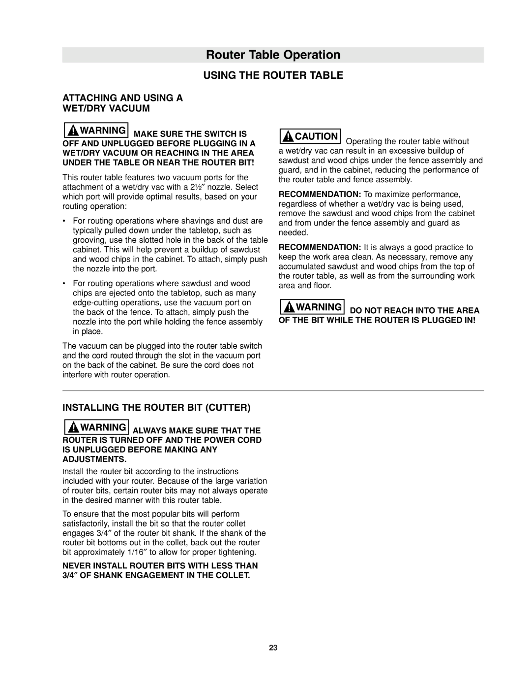Bosch Power Tools RA1171 Using the Router Table, Attaching and Using a WET/DRY Vacuum, Installing the Router BIT Cutter 