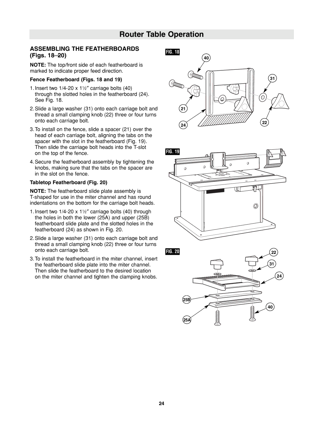 Bosch Power Tools RA1171 manual Assembling the Featherboards Figs, Fence Featherboard Figs, Tabletop Featherboard Fig 