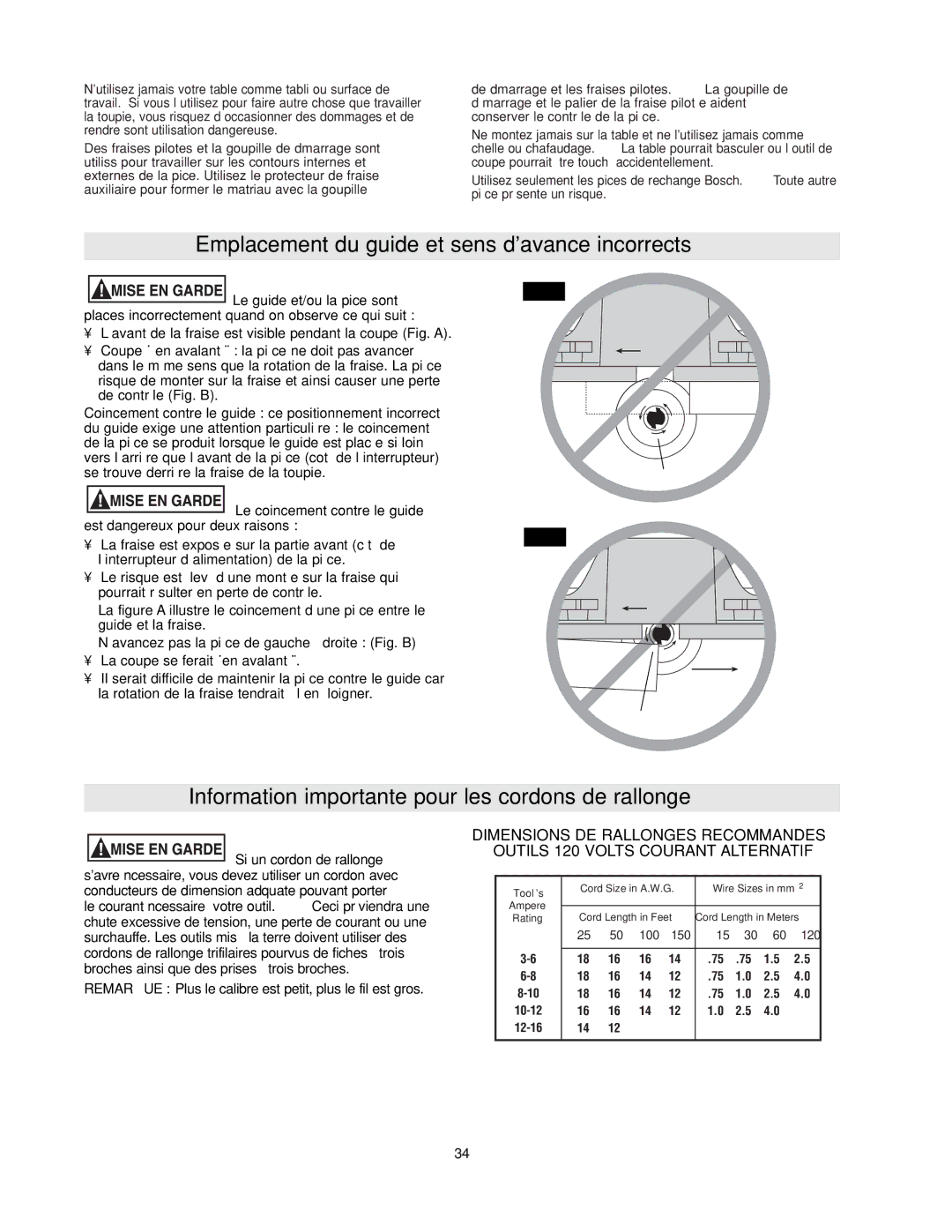 Bosch Power Tools RA1171 manual Emplacement du guide et sens d’avance incorrects 