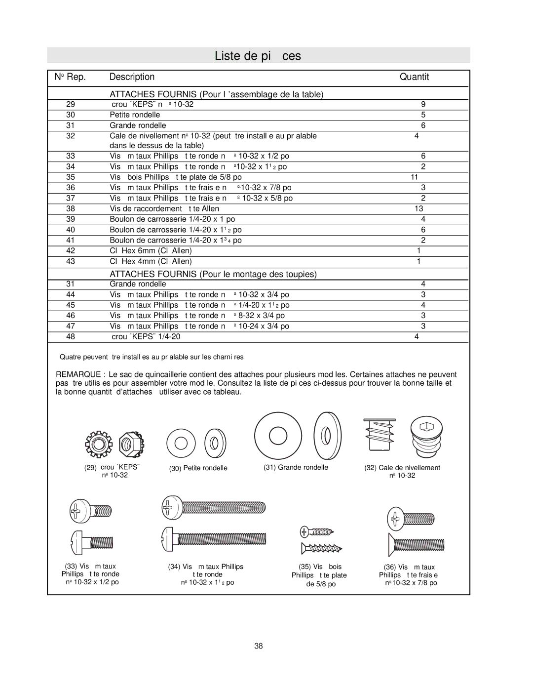 Bosch Power Tools RA1171 manual Description Quantité, No Rep, Attaches Fournis Pour l’assemblage de la table 