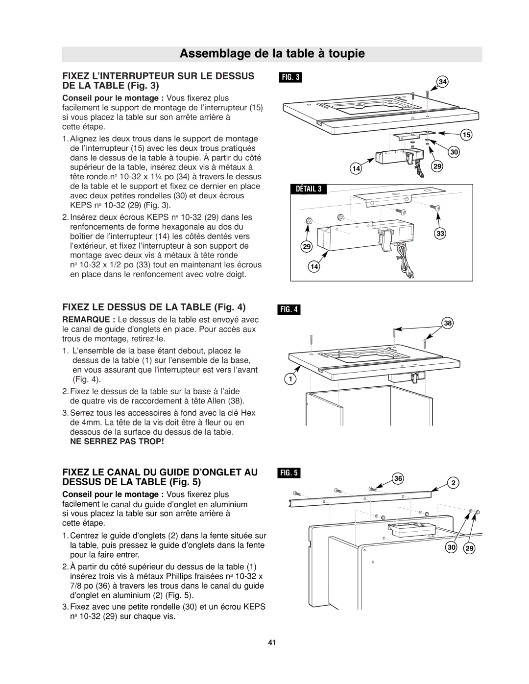 Bosch Power Tools RA1171 manual Fixez L’INTERRUPTEUR SUR LE Dessus DE LA Table Fig, Fixez LE Dessus DE LA Table Fig 