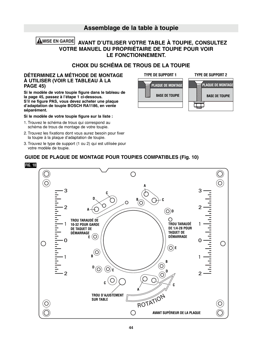 Bosch Power Tools RA1171 manual LE Fonctionnement Choix DU Schéma DE Trous DE LA Toupie 