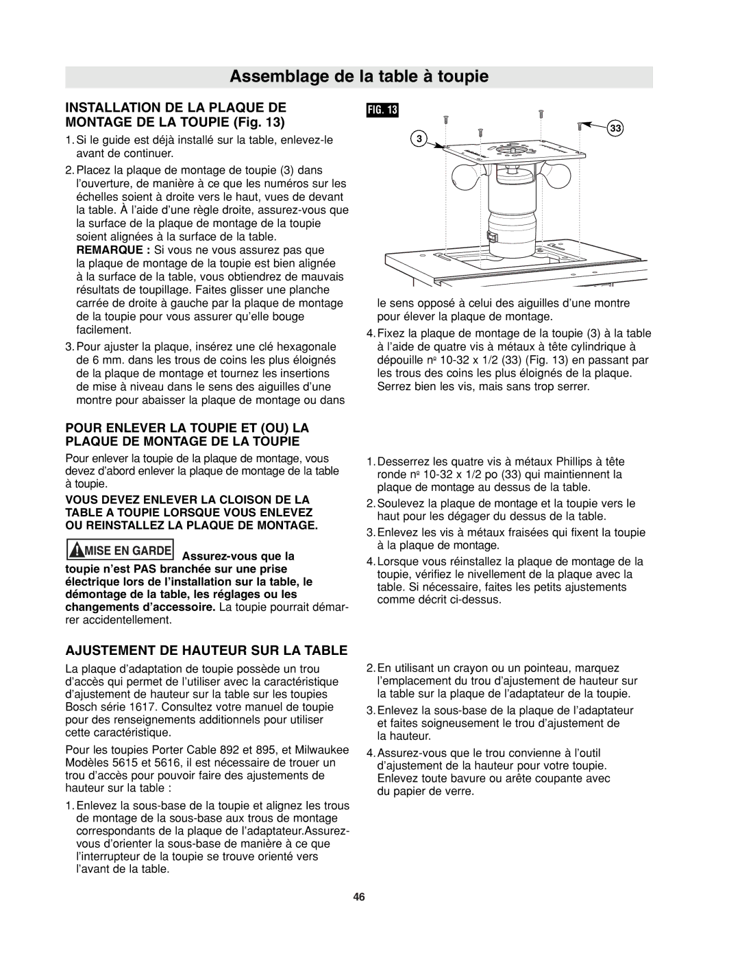 Bosch Power Tools RA1171 manual Installation DE LA Plaque DE Montage DE LA Toupie Fig, Ajustement DE Hauteur SUR LA Table 