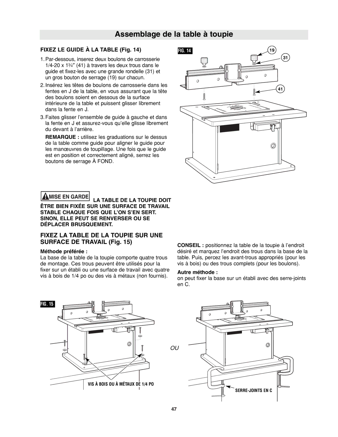 Bosch Power Tools RA1171 manual Fixez LA Table DE LA Toupie SUR UNE Surface DE Travail Fig, Méthode préférée, Autre méthode 