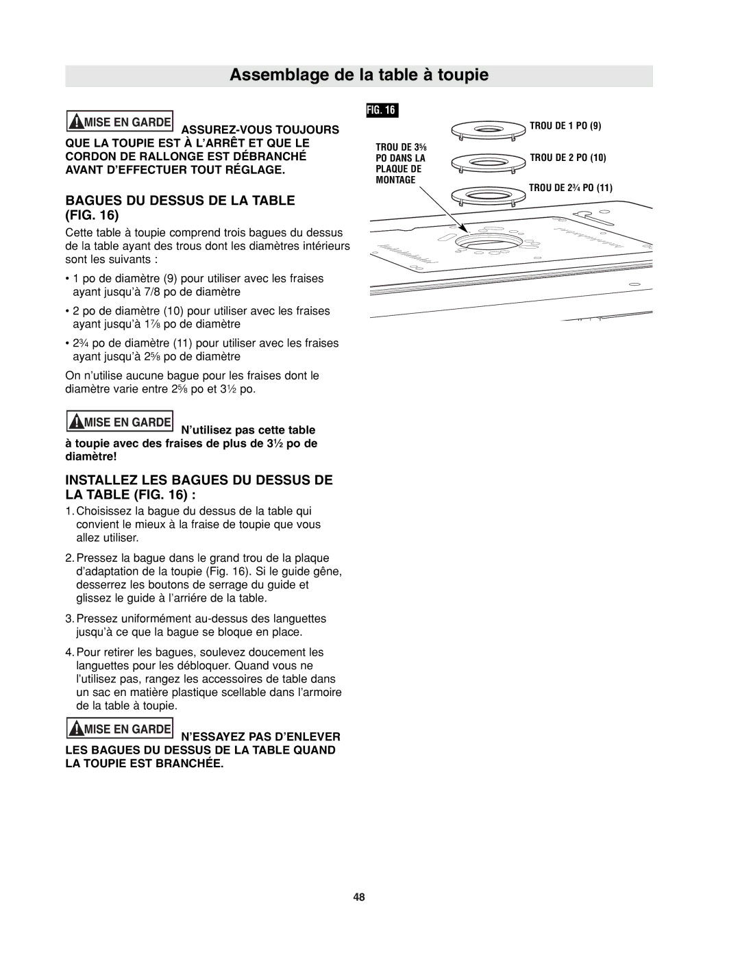 Bosch Power Tools RA1171 manual Installez LES Bagues DU Dessus DE LA Table FIG 