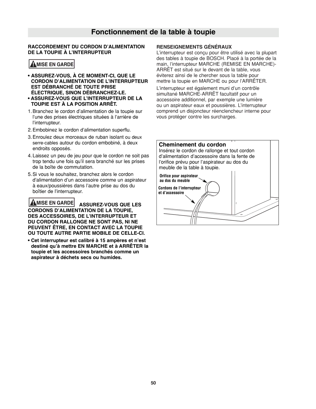 Bosch Power Tools RA1171 manual Cheminement du cordon, Renseignements Généraux 