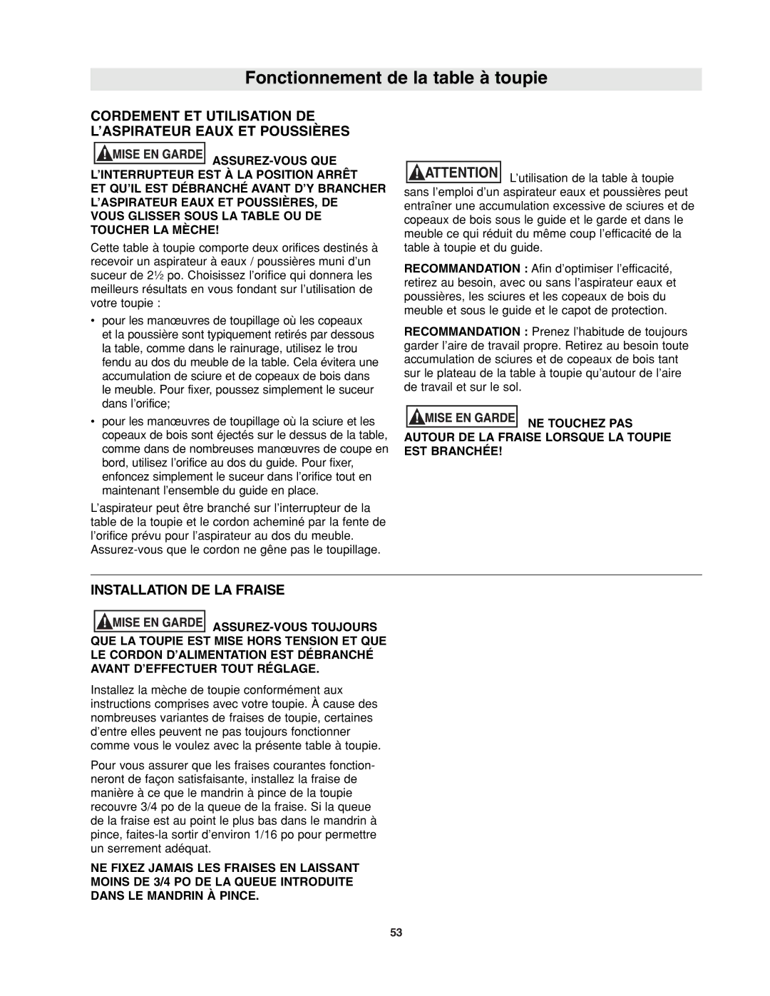 Bosch Power Tools RA1171 manual Cordement ET Utilisation DE ’ASPIRATEUR Eaux ET Poussières, Installation DE LA Fraise 