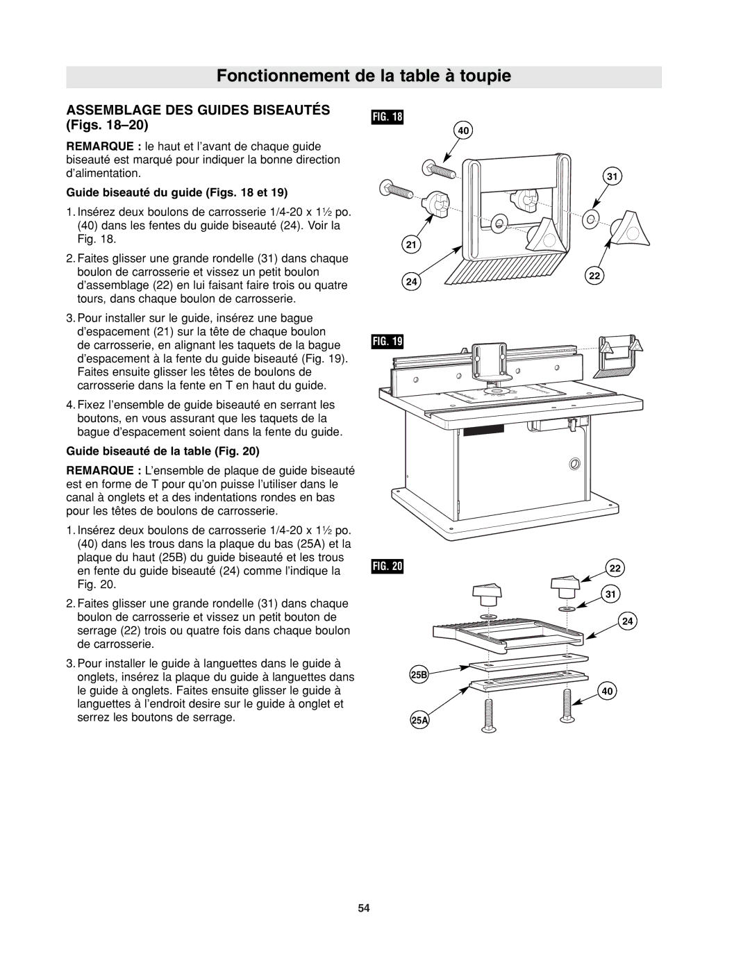 Bosch Power Tools RA1171 manual Assemblage DES Guides Biseautés Figs, Guide biseauté du guide Figs et 