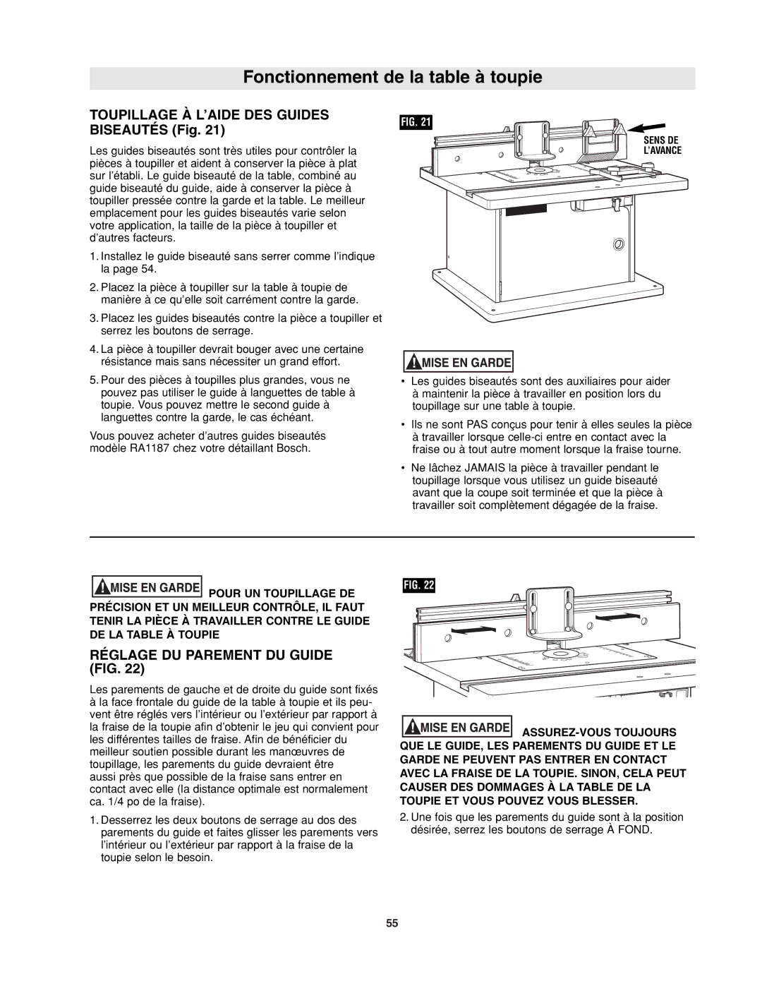 Bosch Power Tools RA1171 manual Toupillage À L’AIDE DES Guides Biseautés Fig, Réglage DU Parement DU Guide FIG 