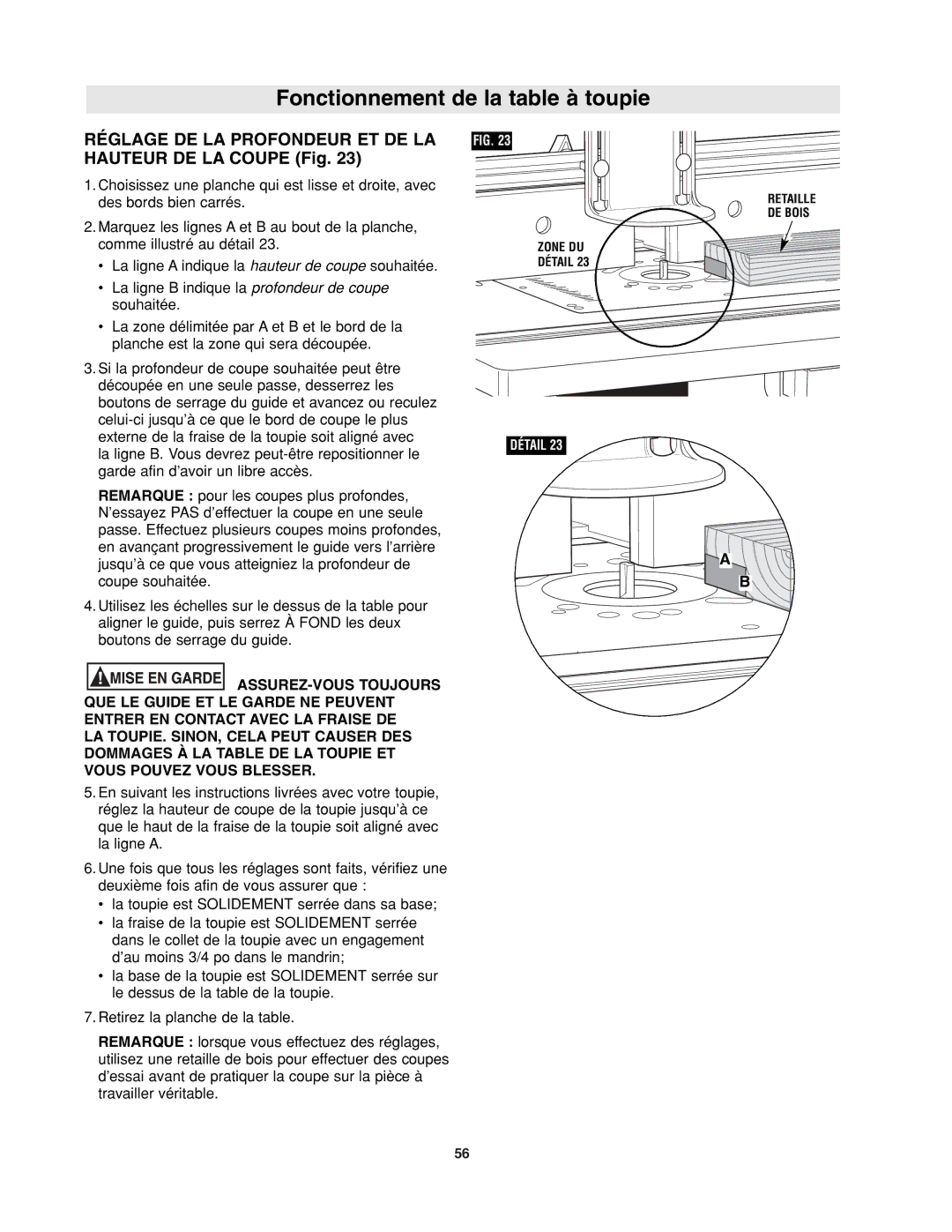 Bosch Power Tools RA1171 manual Réglage DE LA Profondeur ET DE LA Hauteur DE LA Coupe Fig 