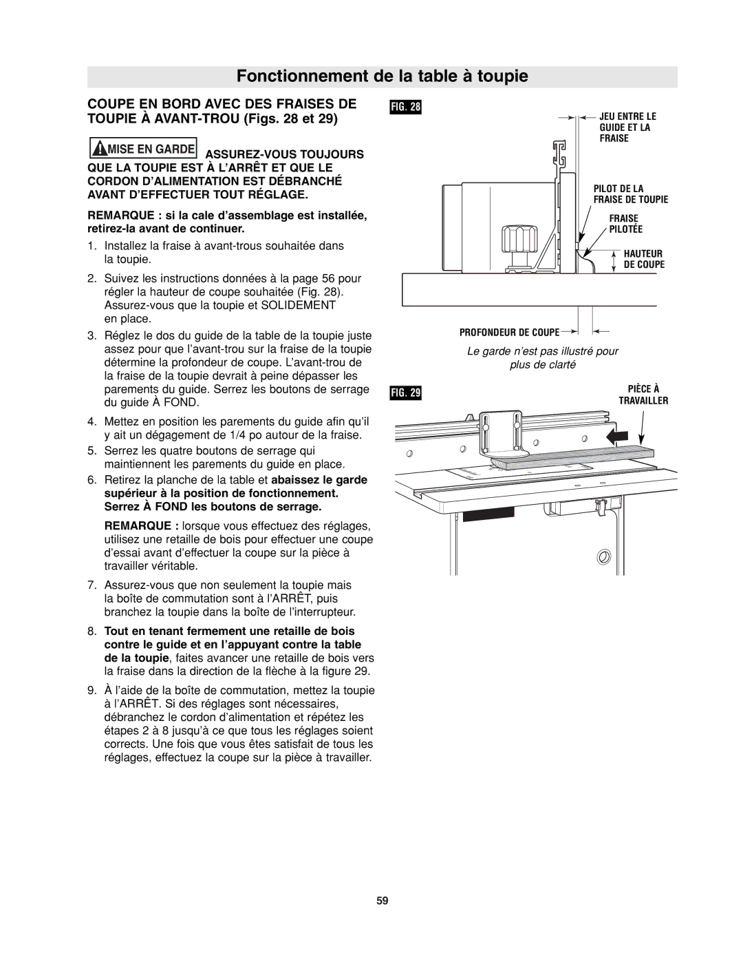 Bosch Power Tools RA1171 manual Fonctionnement de la table à toupie 