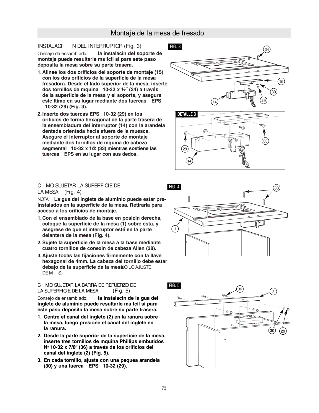 Bosch Power Tools RA1171 manual Instalación DEL Interruptor Fig, Cómo Sujetar LA Superficie DE LA Mesa Fig 