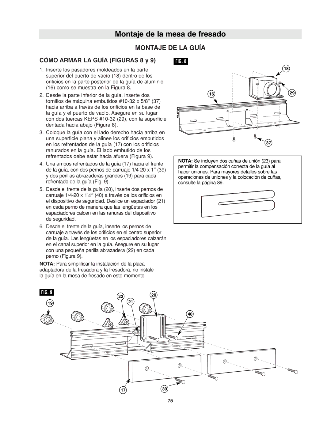 Bosch Power Tools RA1171 manual Montaje DE LA Guía, Cómo Armar LA Guía Figuras 8 y 