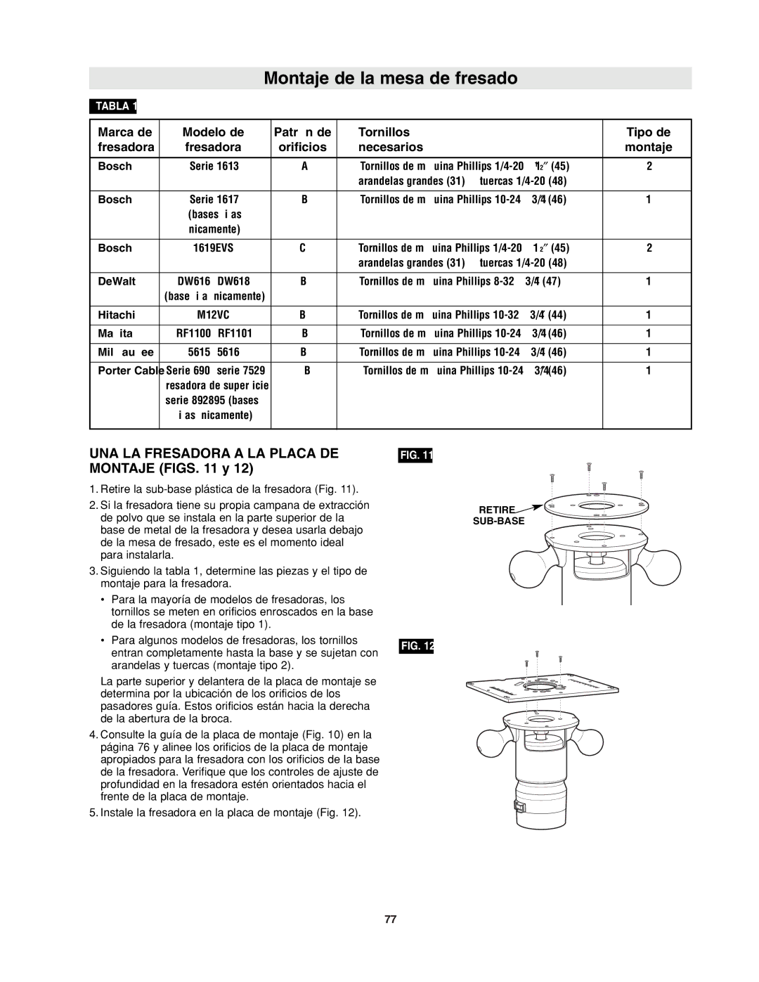 Bosch Power Tools RA1171 manual UNA LA Fresadora a LA Placa DE Montaje Figs y 