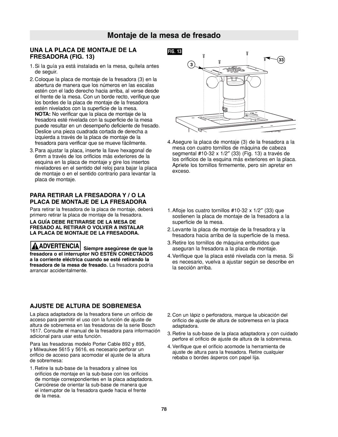 Bosch Power Tools RA1171 manual UNA LA Placa DE Montaje DE LA Fresadora FIG, Ajuste DE Altura DE Sobremesa 