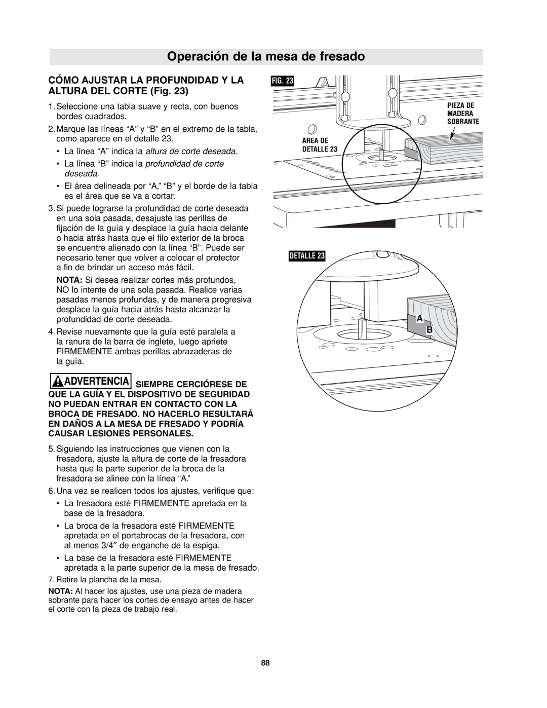 Bosch Power Tools RA1171 manual Cómo Ajustar LA Profundidad Y LA Altura DEL Corte Fig 