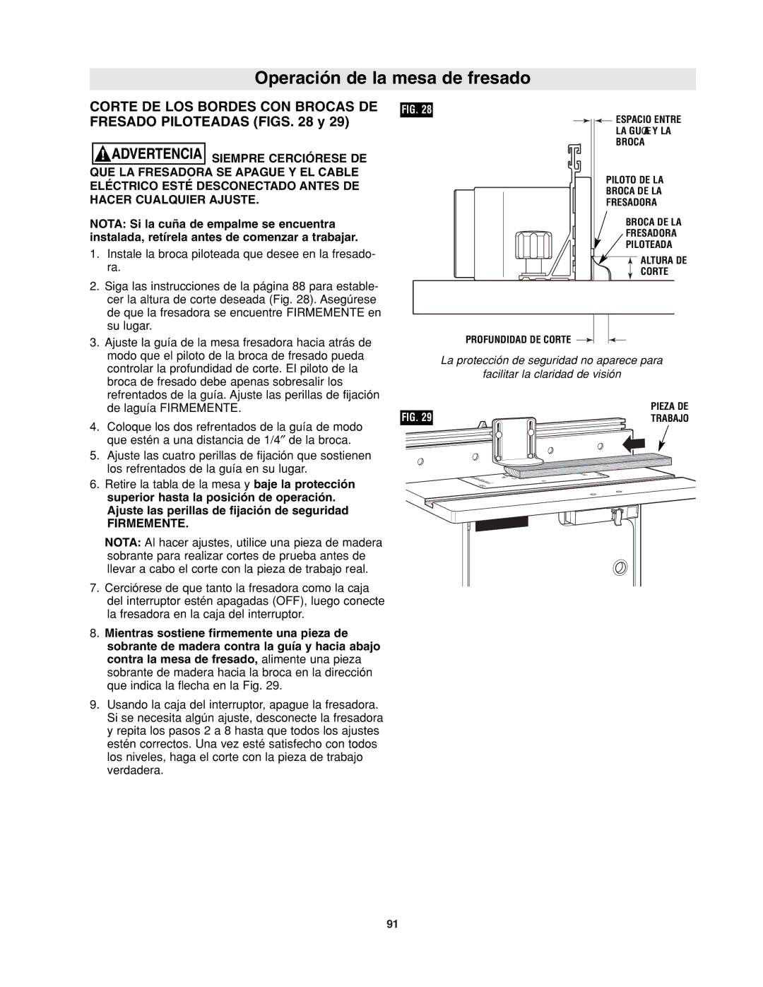 Bosch Power Tools RA1171 manual Corte DE LOS Bordes CON Brocas DE Fresado Piloteadas Figs y 