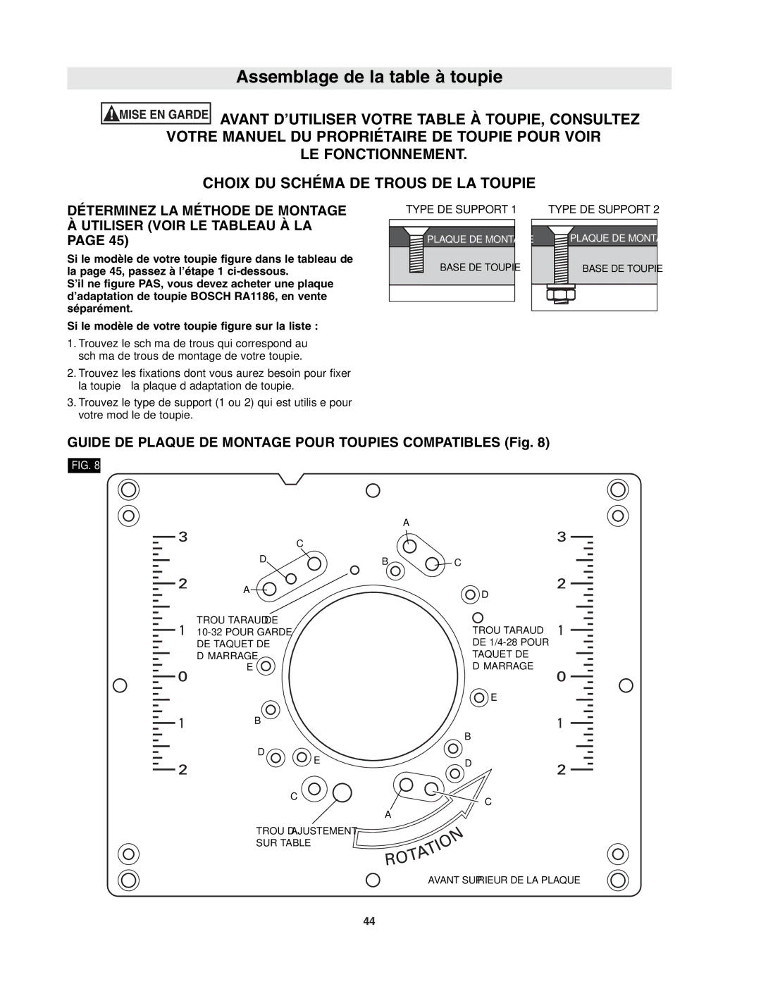 Bosch Power Tools RA1181, RA118EVSTBPLUS manual LE Fonctionnement Choix DU Schéma DE Trous DE LA Toupie 