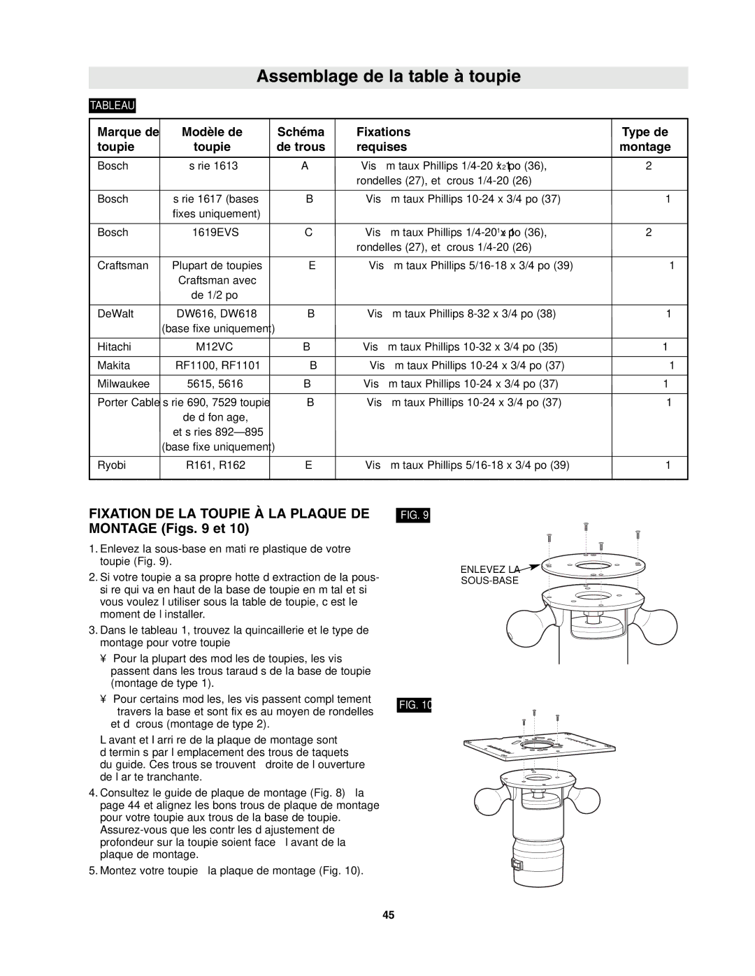 Bosch Power Tools RA118EVSTBPLUS, RA1181 manual Fixation DE LA Toupie À LA Plaque DE Montage Figs et 