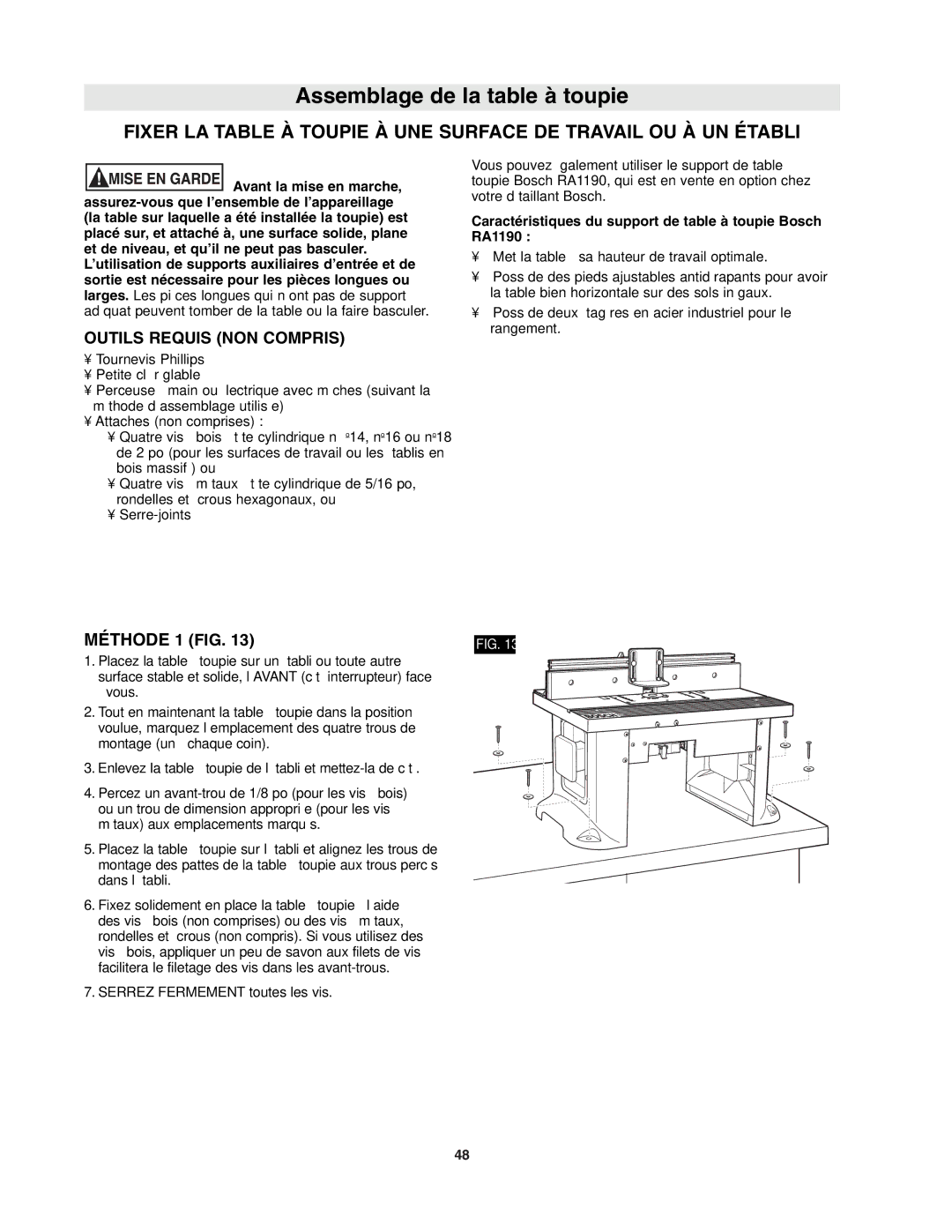 Bosch Power Tools RA118EVSTBPLUS, RA1181 manual Méthode 1 FIG, Caractéristiques du support de table à toupie Bosch RA1190 