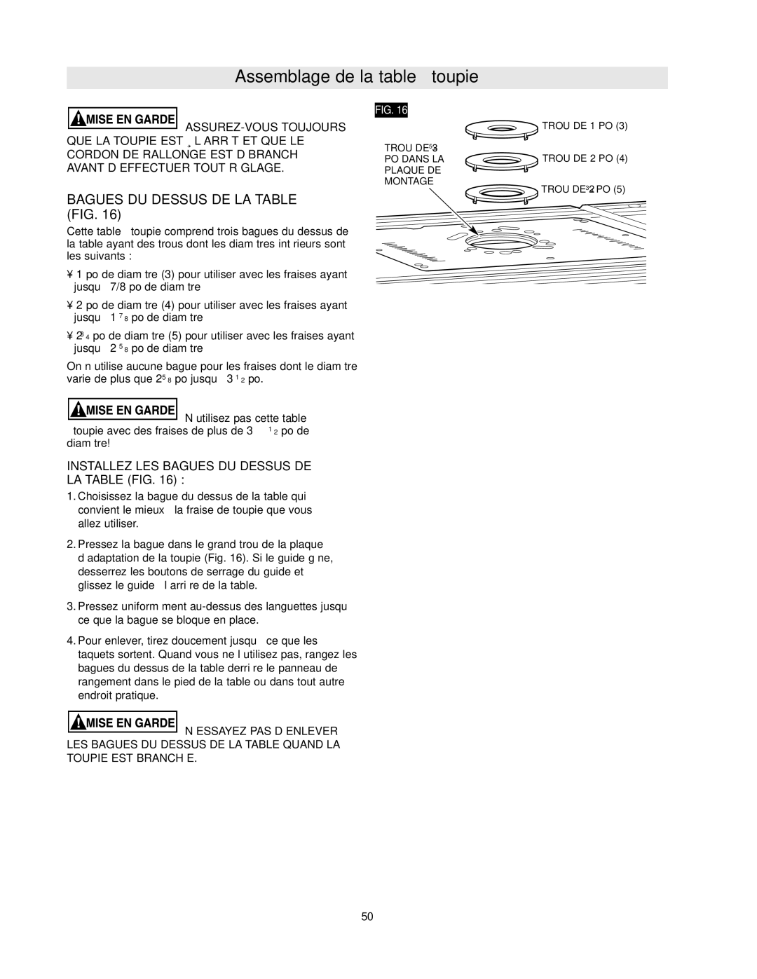 Bosch Power Tools RA1181, RA118EVSTBPLUS manual Installez LES Bagues DU Dessus DE LA Table FIG 