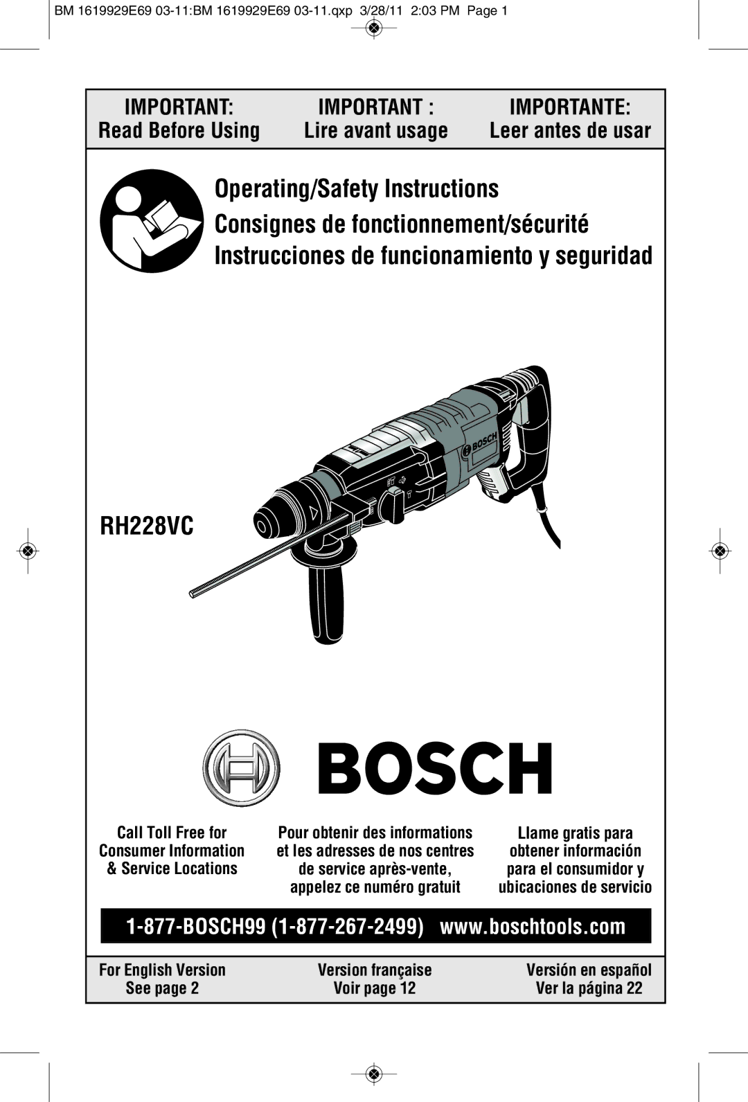 Bosch Power Tools RH228VC-B manual Leer antes de usar, See, Ver la página 