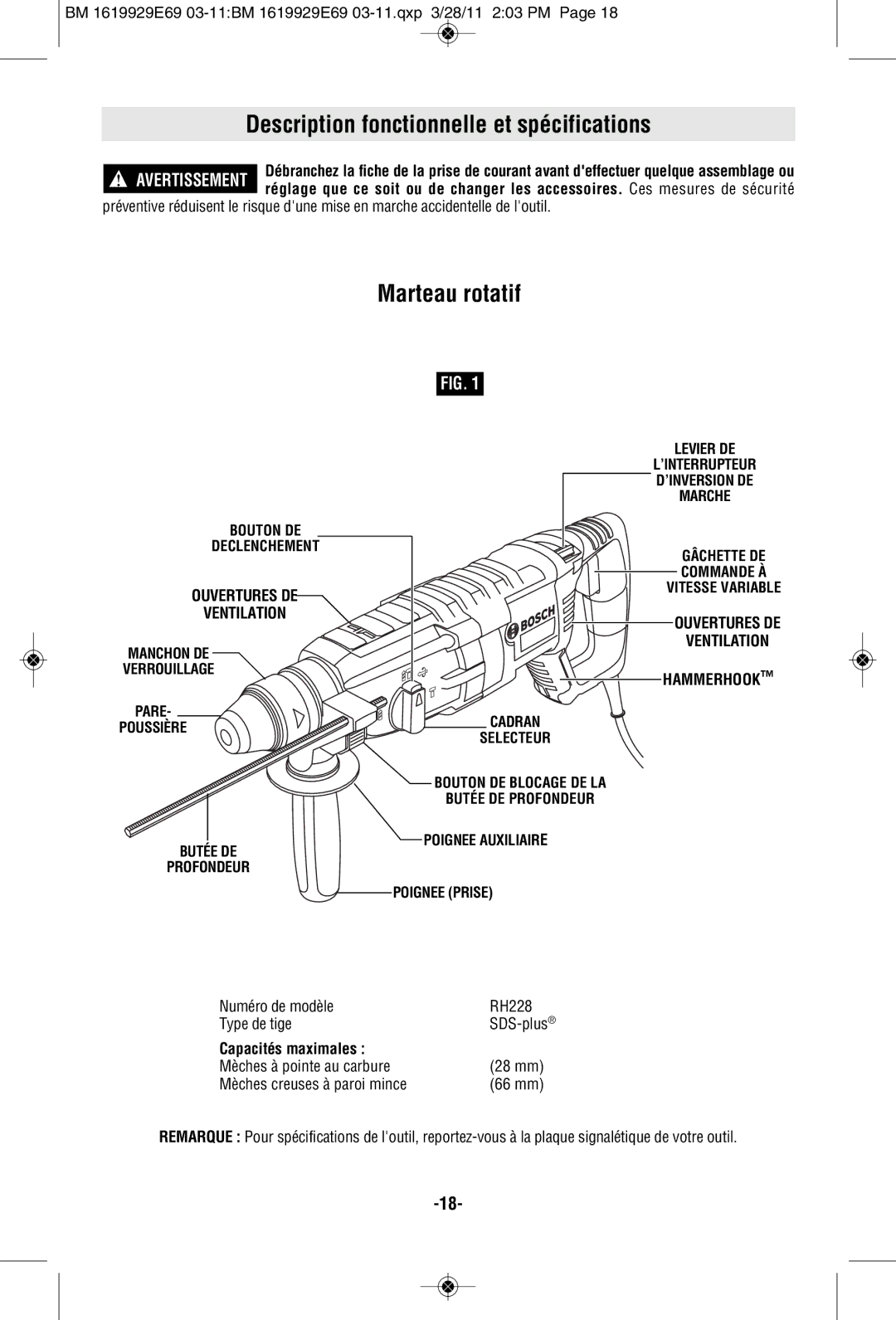 Bosch Power Tools RH228VC-B manual Description fonctionnelle et spécifications, Marteau rotatif, Capacités maximales 