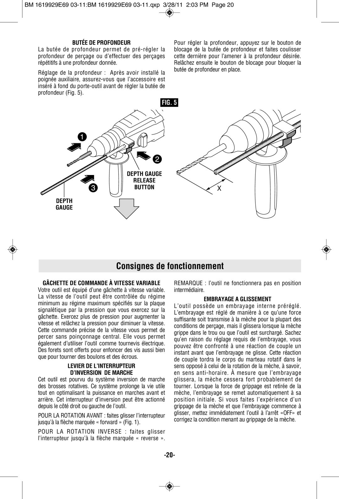 Bosch Power Tools RH228VC-B manual Consignes de fonctionnement, Butée DE Profondeur, Embrayage a Glissement 