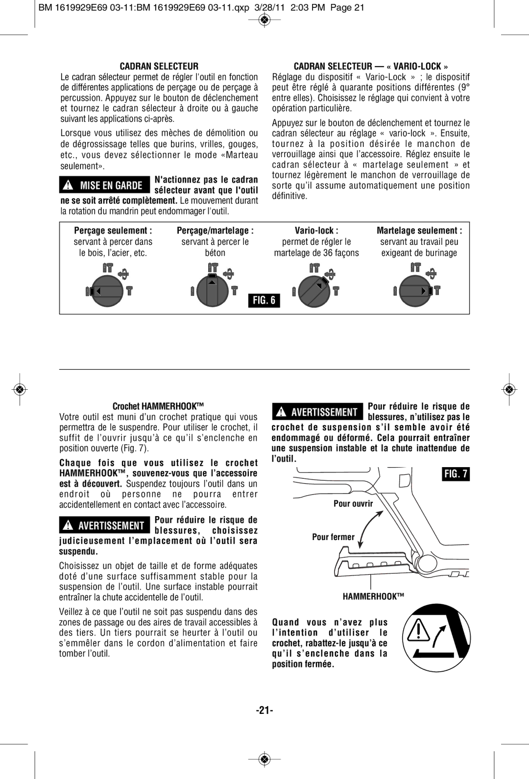 Bosch Power Tools RH228VC-B manual Cadran Selecteur « VARIO-LOCK », Crochet Hammerhook 