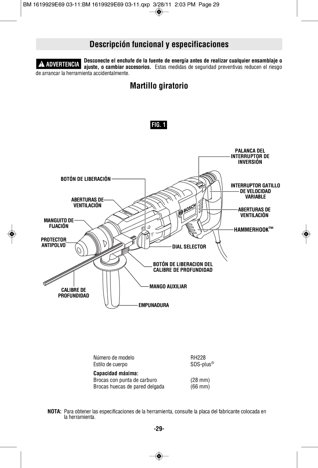 Bosch Power Tools RH228VC-B manual Descripción funcional y especificaciones, Martillo giratorio, Capacidad máxima 