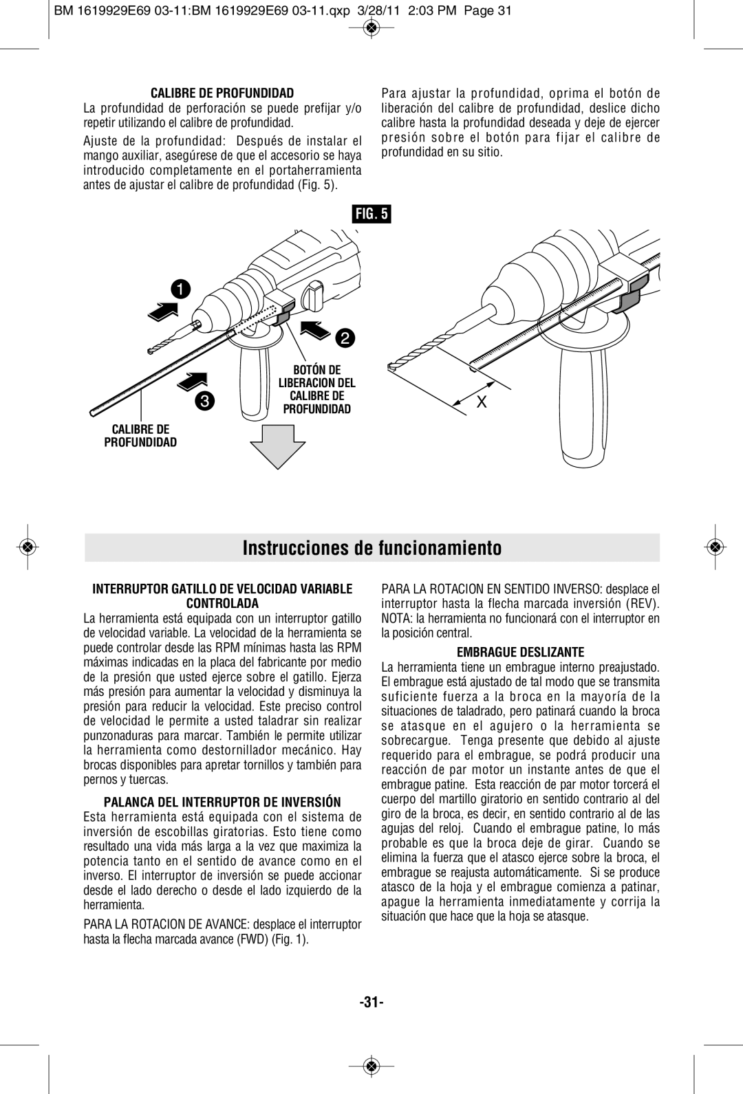 Bosch Power Tools RH228VC manual Instrucciones de funcionamiento, Calibre DE Profundidad, Controlada, Embrague Deslizante 