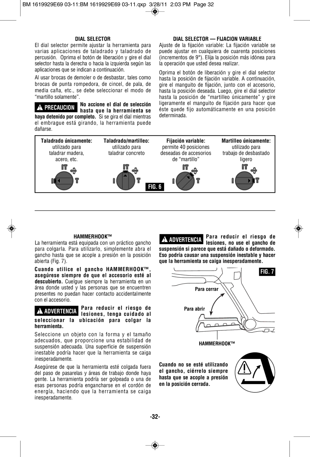 Bosch Power Tools RH228VC-B manual Dial Selector Fijacion Variable, Seleccionar la ubicación para colgar la herramienta 